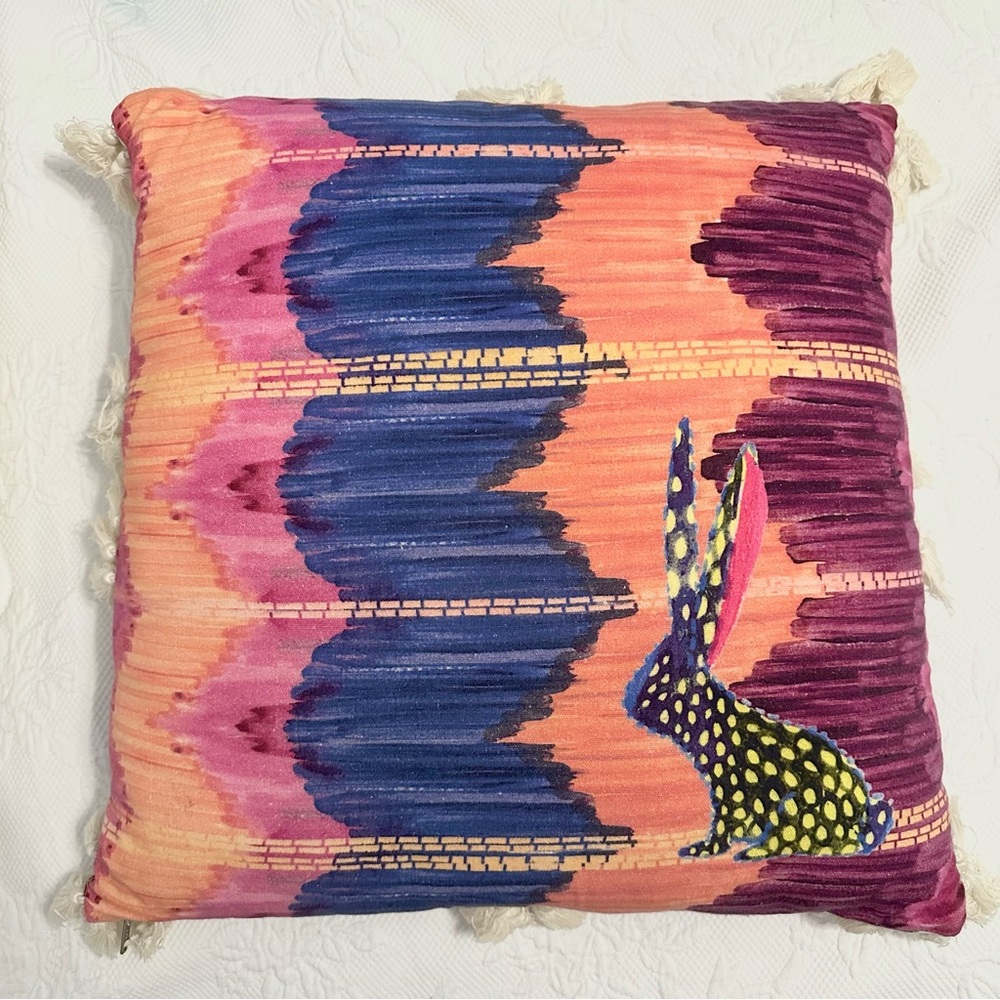 Anthropologie Talavera Colorful Rabbit Geometric Floral Pillow Cotton 20 x 20
